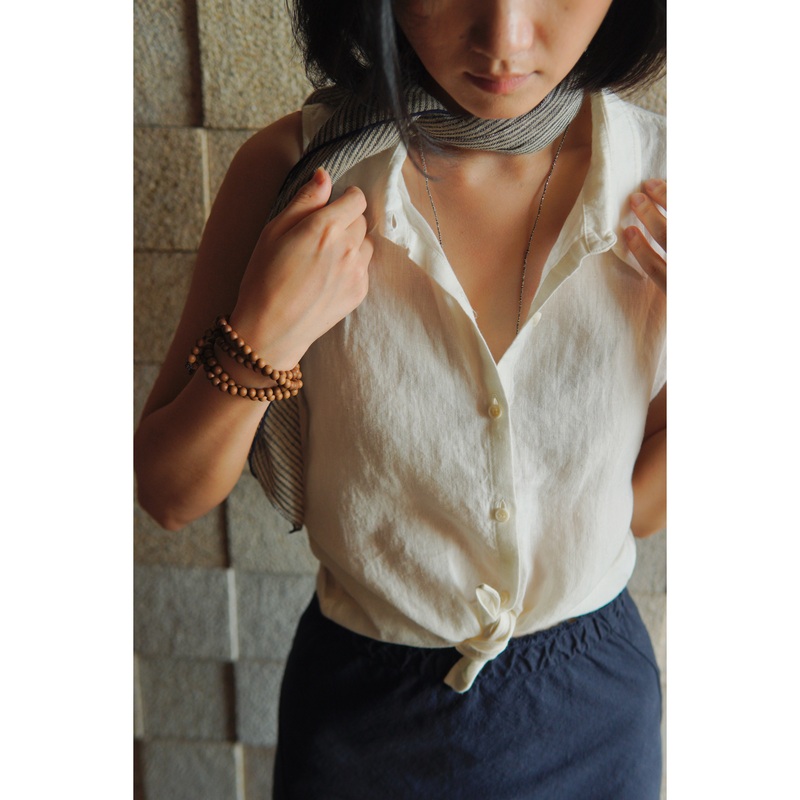 Self a Part Artistic Romantic Off-The-Shoulder Sleeveless 100% Sand-Washed Linen Shirt White Shirt