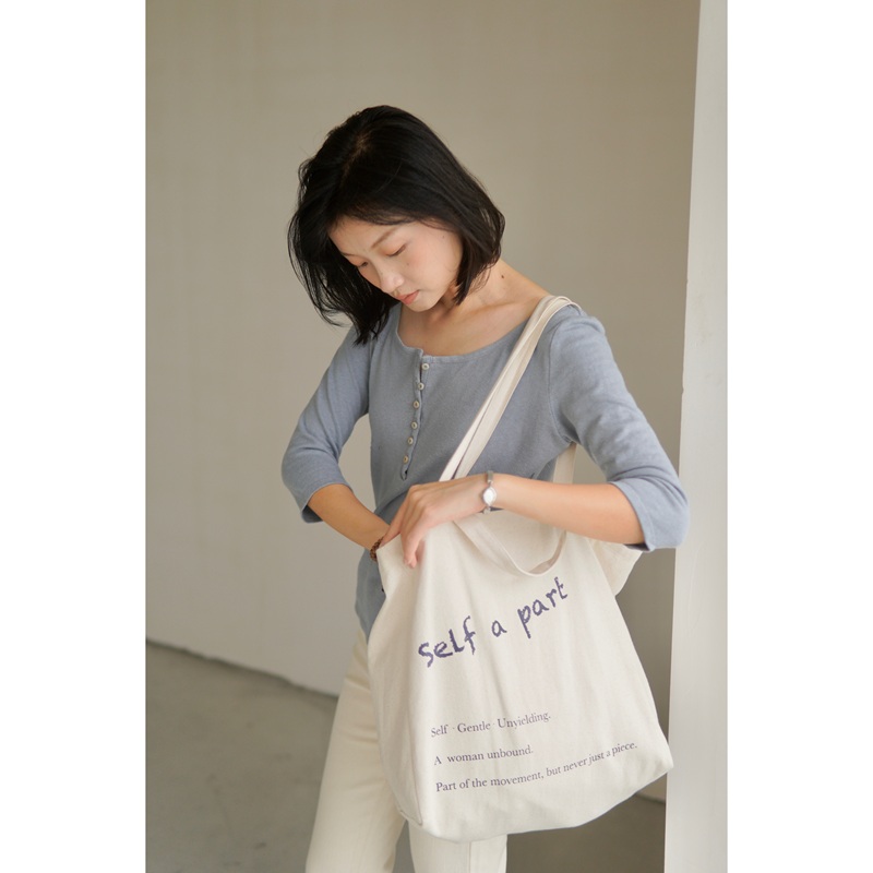 Simple and Casual Hemp/Cotton Crew Neck Slimming Basic Three-Quarter Sleeve Henley Neck Knit Top