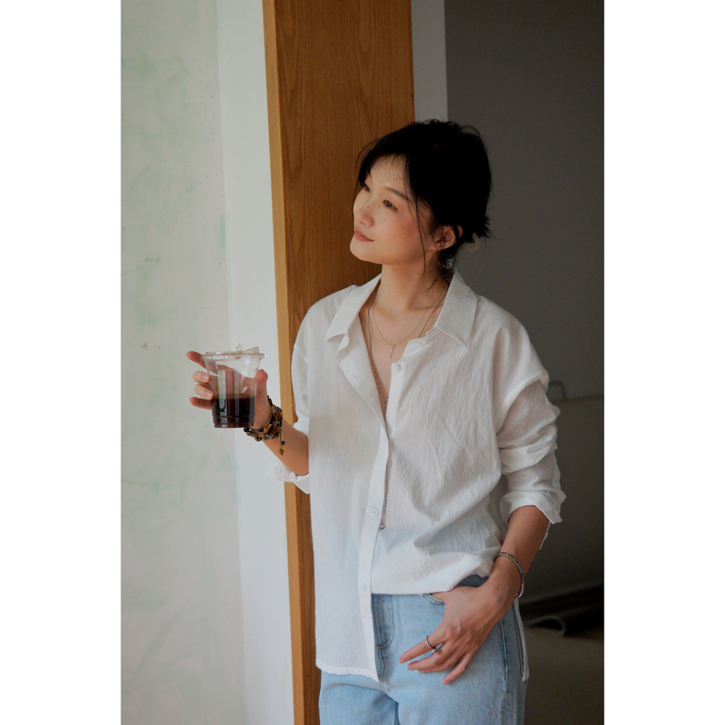 Self a Part Japanese Imported 100% Cotton Casual Loose Long-Sleeved Shirt for Women with a Natural Wrinkle Effect