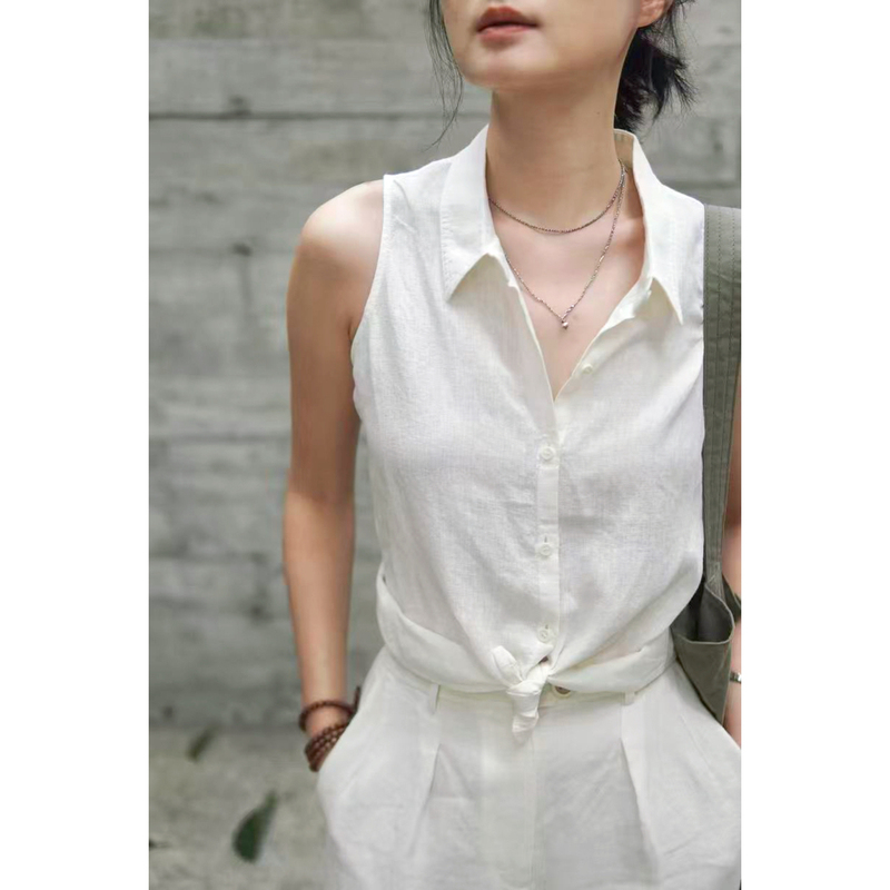 Self a Part Artistic Romantic Off-The-Shoulder Sleeveless 100% Sand-Washed Linen Shirt White Shirt