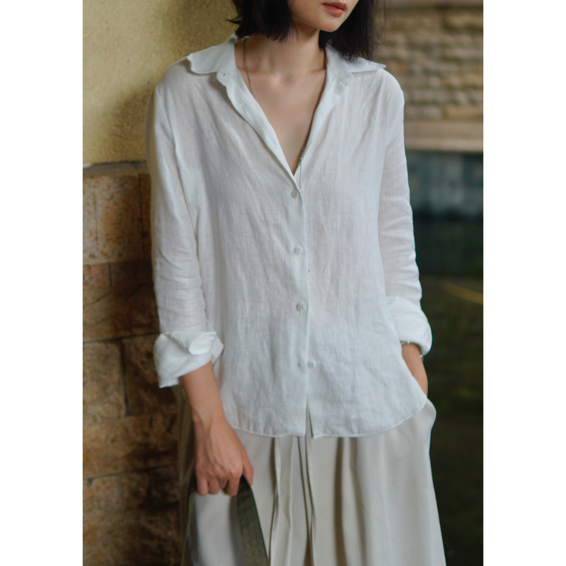Self a Part: Casual, Relaxed, Sun-Protective, Regular Shoulder, Loose Linen Shirt, Long-Sleeved Shirt, White Shirt