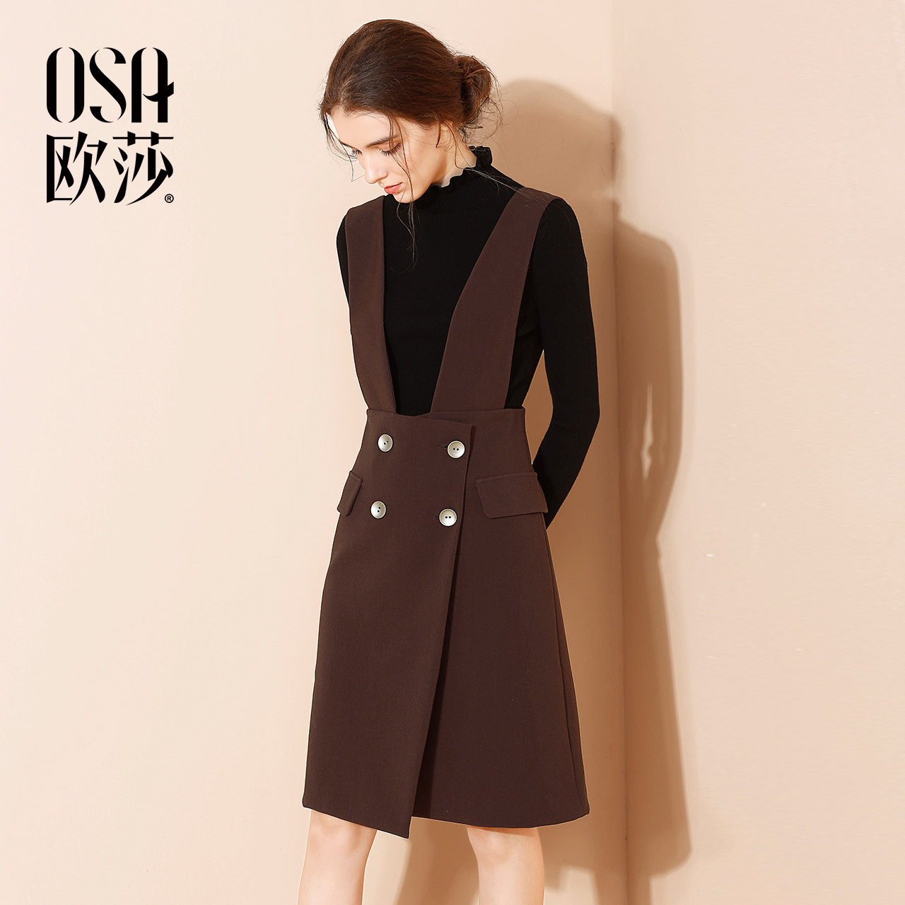 ⑩OSA欧莎2017冬装新款女装复古气质背带连衣裙D13003