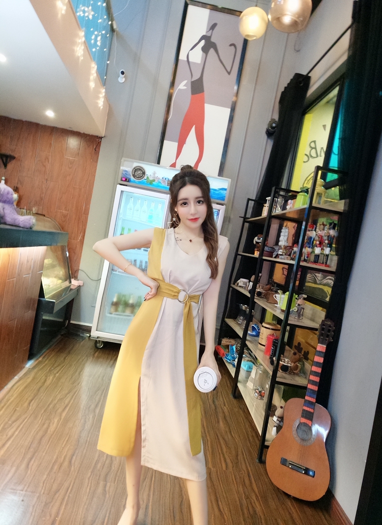 VK旗艦店 韓系收腰顯瘦時尚拚色無袖洋裝