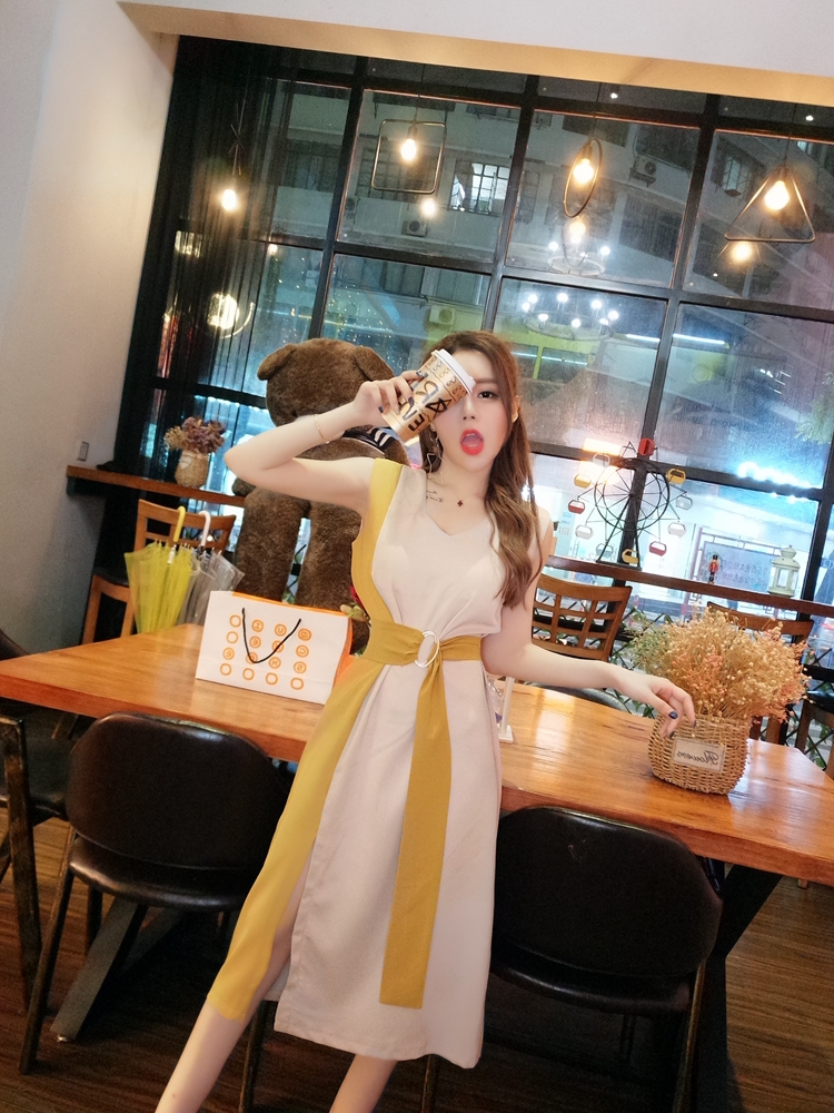 VK旗艦店 韓系收腰顯瘦時尚拚色無袖洋裝