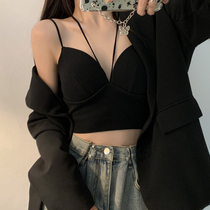 Spring 2022 new hanging neck v collar vest harness female black sexy cross beauty back inset with blouses