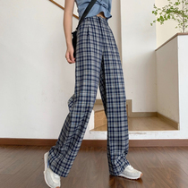 Retro lattice pants womens spring and autumn high waist drape wide leg pants loose straight tube casual pants high street ins tide