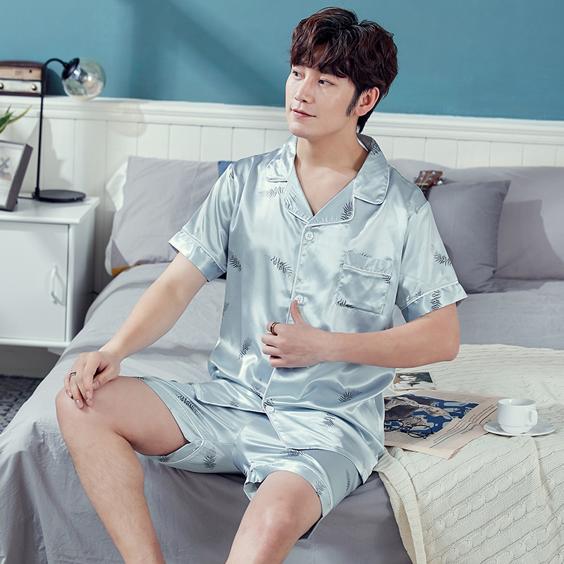 Ice silk pajamas men's summer light leaf print short sleeve suit Simulation silk men's silk home wear suit