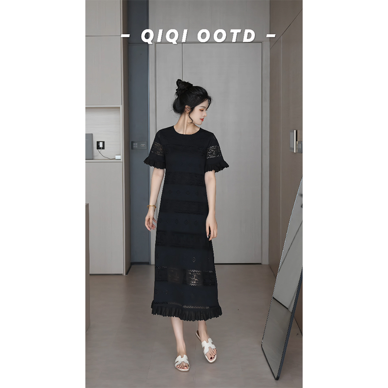 Qiyuanjia Plus-Size Women's Clothing Hollow-Out Floral Patchwork Short-Sleeve Dress 2026 Summer Style Elegant Slimming Mid-Length Dress