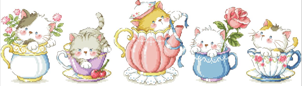 (Zhang Xiaoliang) Cross embroidered DMC R line self-matching piece plastic plate fridge with tea cup cat