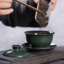 Green Porcelain Triple cover Bowl Tea Cup Large Dragon Springs Ceramic Iron Tire Ice Cracking Manual Single Home Tea Kung Fu Tea Set