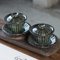 Green Porcelain Triple Only Cover Bowl Single Teacup Large Dragon Spring Iron Tire Ice Crack Handmade Ceramic Tea Tea Util Tea Furniture