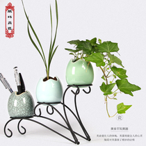Weiwei celadon flower Ware three-hole iron flower stand decoration crafts creative ceramic celadon flower arrangement small vase