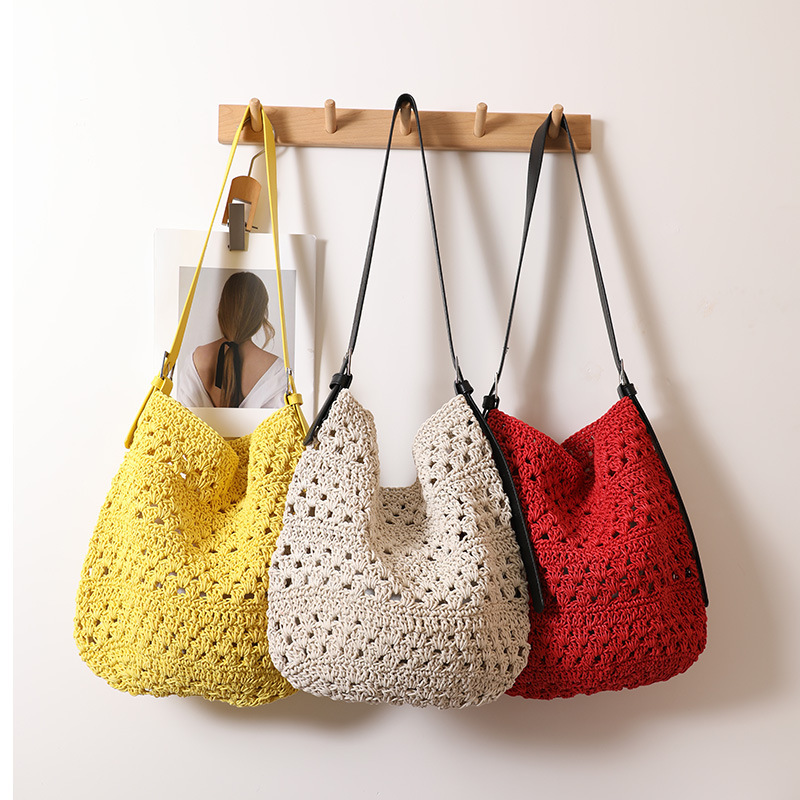 Casual and Lazy Style Single-Shoulder Wax Rope Woven Bag, New Niche Irregular Shoulder Strap Straw Bag for Women, Vacation Beach Bag