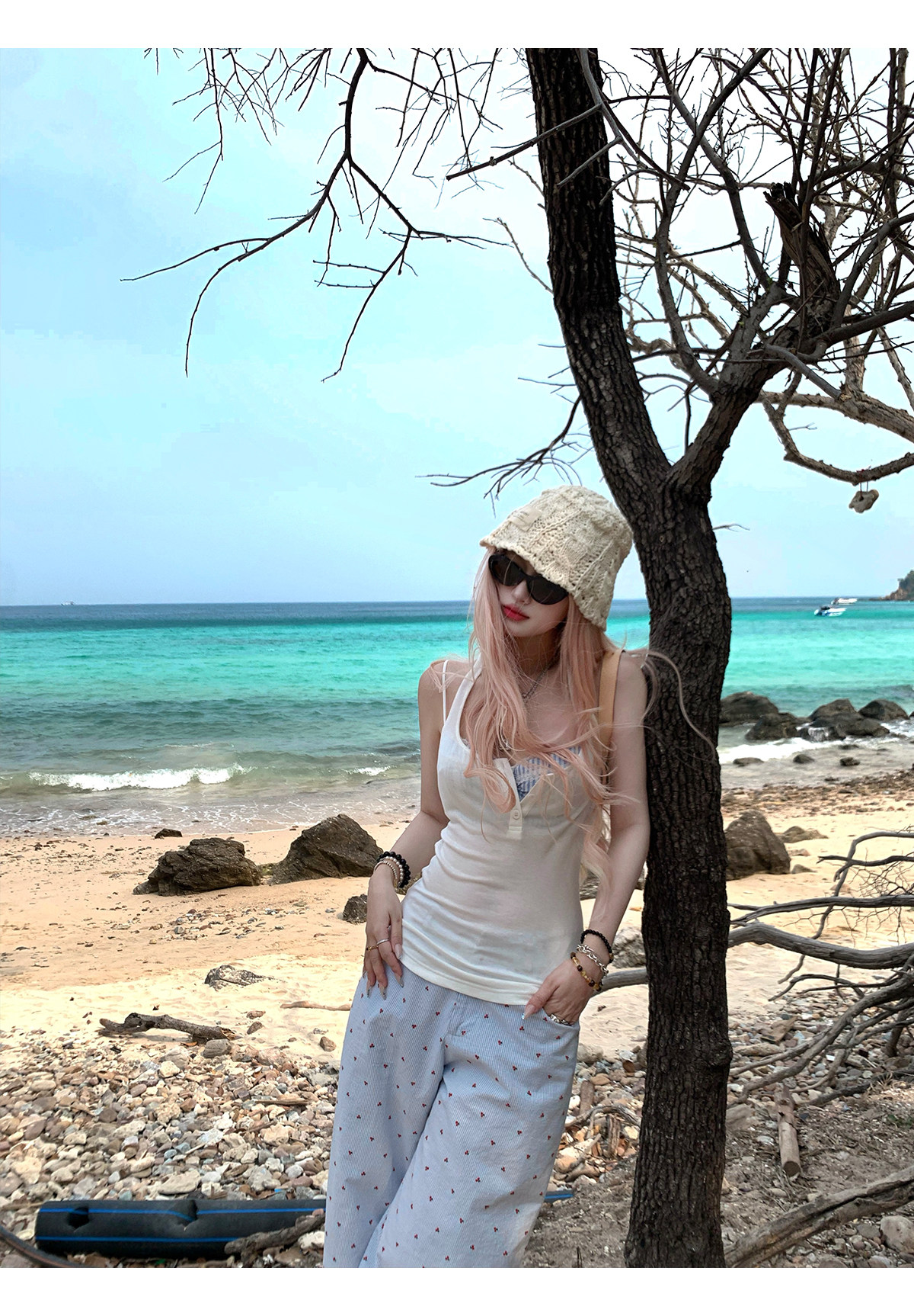 Топы/майки thas9i九亿 麻豆公式 天丝白色小吊带背心女夏日海边百搭针织上衣