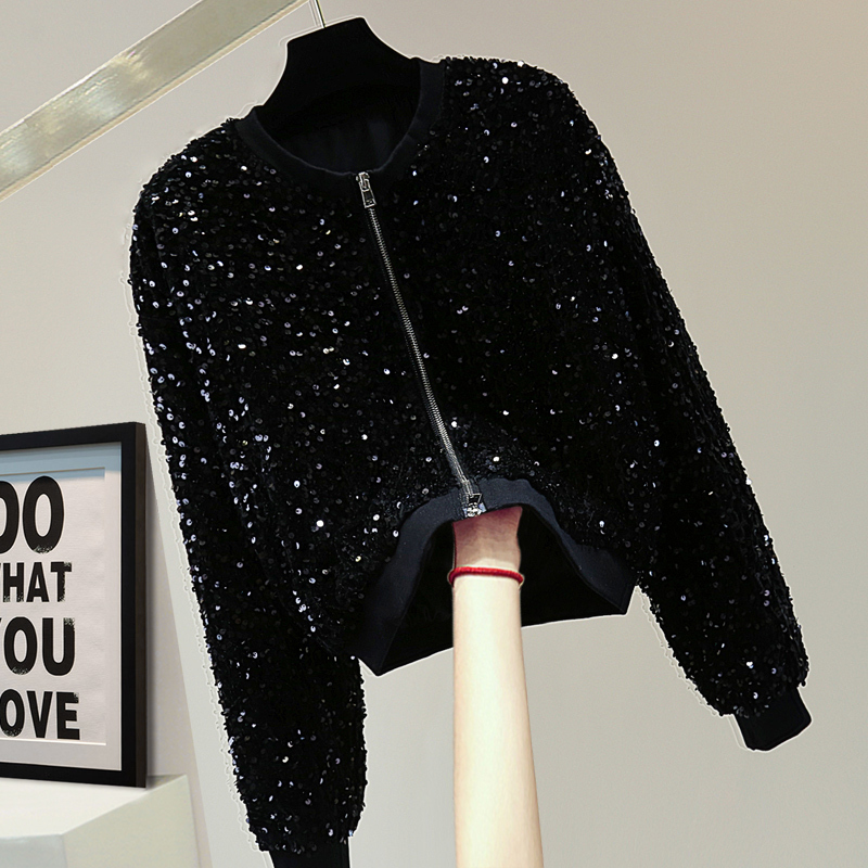 Velvet Sequin Versatile Black Jacket for Commuting, 2026 Spring Korean Style Loose Round Neck Zipper Long Sleeve Jacket Velvet Sequin Versatile Black Jacket for Commuting, 2026 Spring Korean Style Loose Round Neck Zipper Long Sleeve Jacket