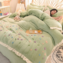 Winter ins plant flower milk velvet four-piece padded double-sided coral velvet quilt cover flannel bed sheet bed hat