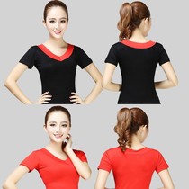 Clearance Square Dance Costume Short Sleeve Print Top V-neck Modal Cotton Middle Aged Sports Women Size Spring and Summer