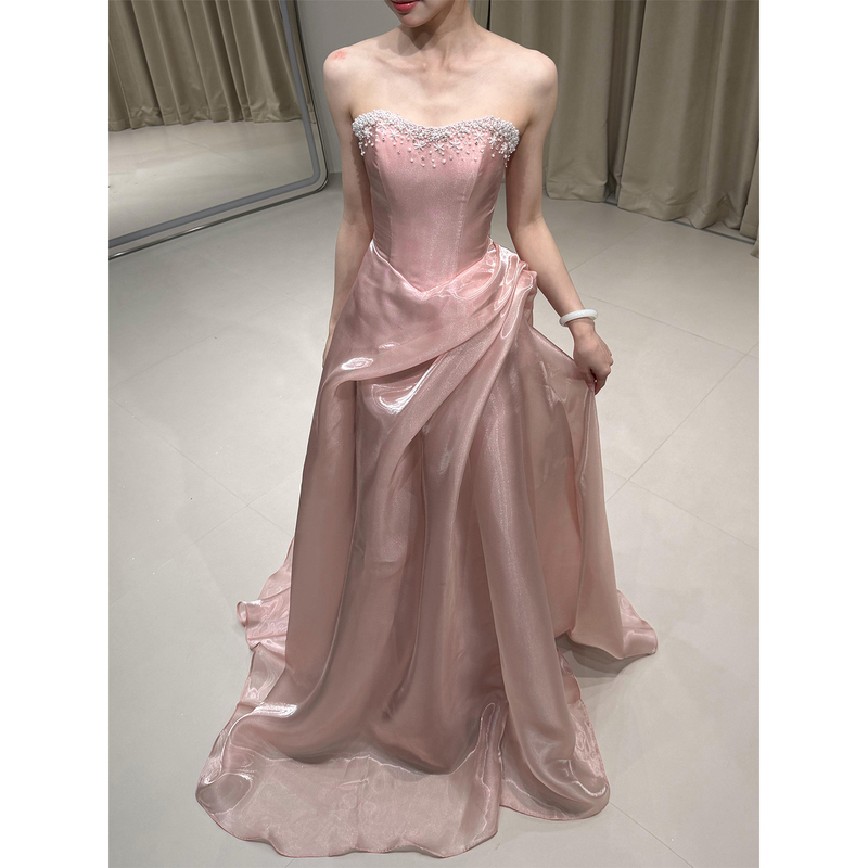 Pink Strapless Evening Dress for Women, High-End Satin Student Graduation Birthday Coming-Of-Age Ceremony Princess Dress, Bride's Toast Dress