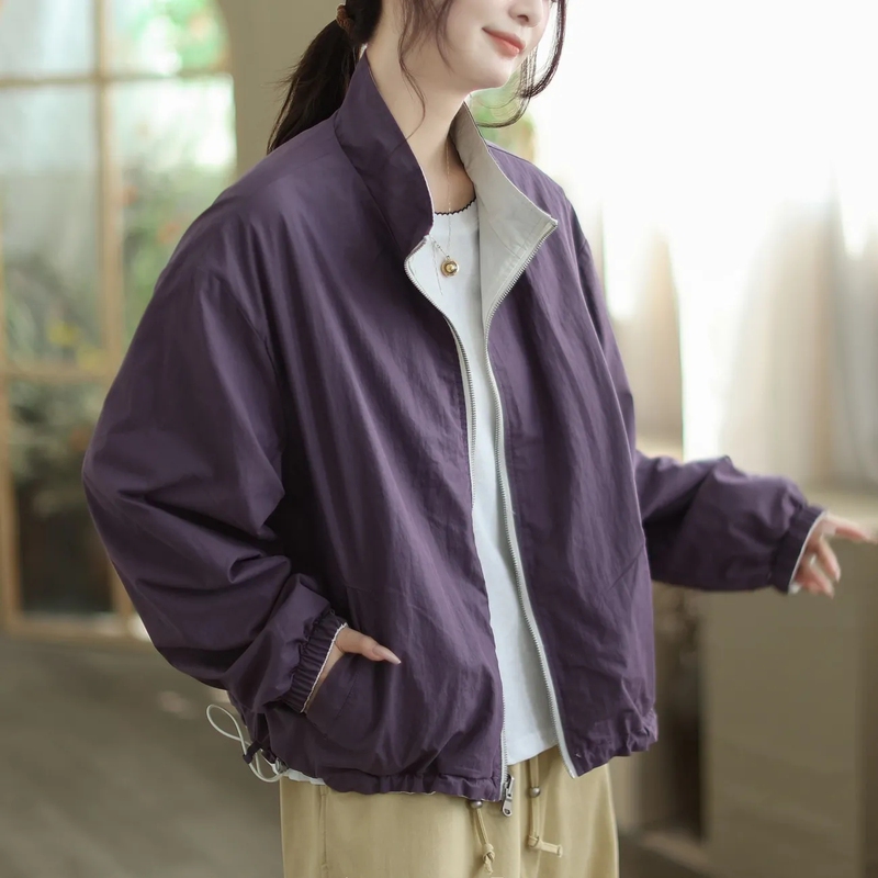 2026 Spring New Fashion Stand Collar Solid Color Short Jacket for Women Slimming Drop Shoulder Sleeves Reversible Contrast Color Jacket Top