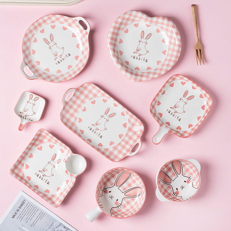 ins Piece Dinnerware Set, Plate and Bowl Combination, Household Dish Set with Handles, Cute Girly Pink Fish Plate
