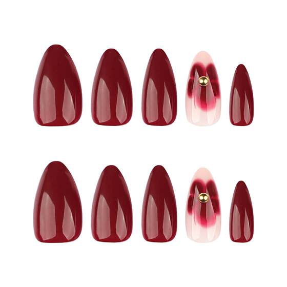 Simple Red Elegant Wearable Manicure with a High-End Feel, Short Almond-Shaped Flower Fake Nails