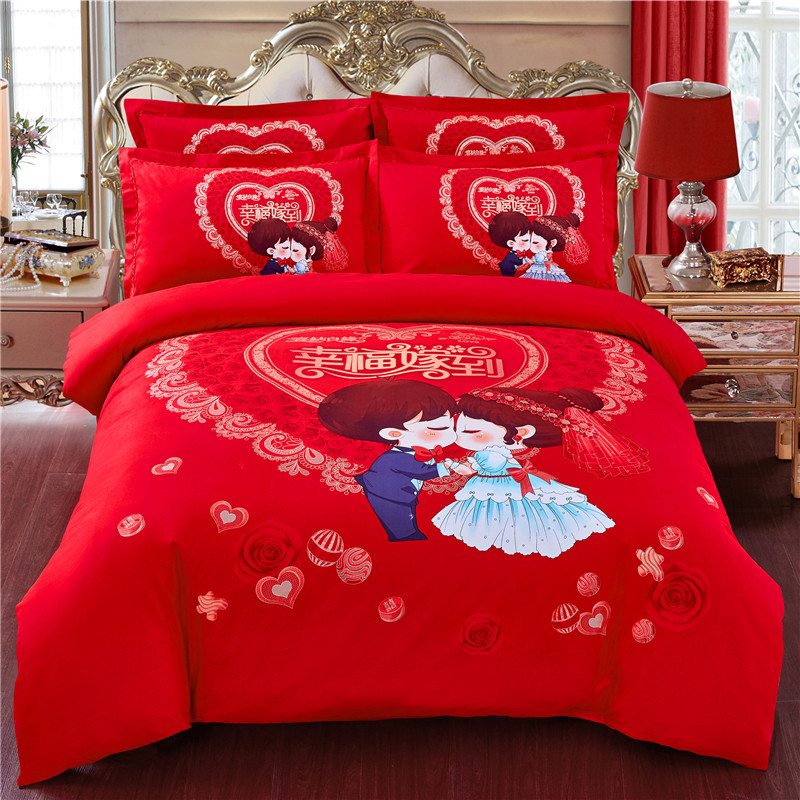 Crystal Home Textiles official website brand cotton thickened wedding big red four-piece set of pure cotton brushed warm bedding