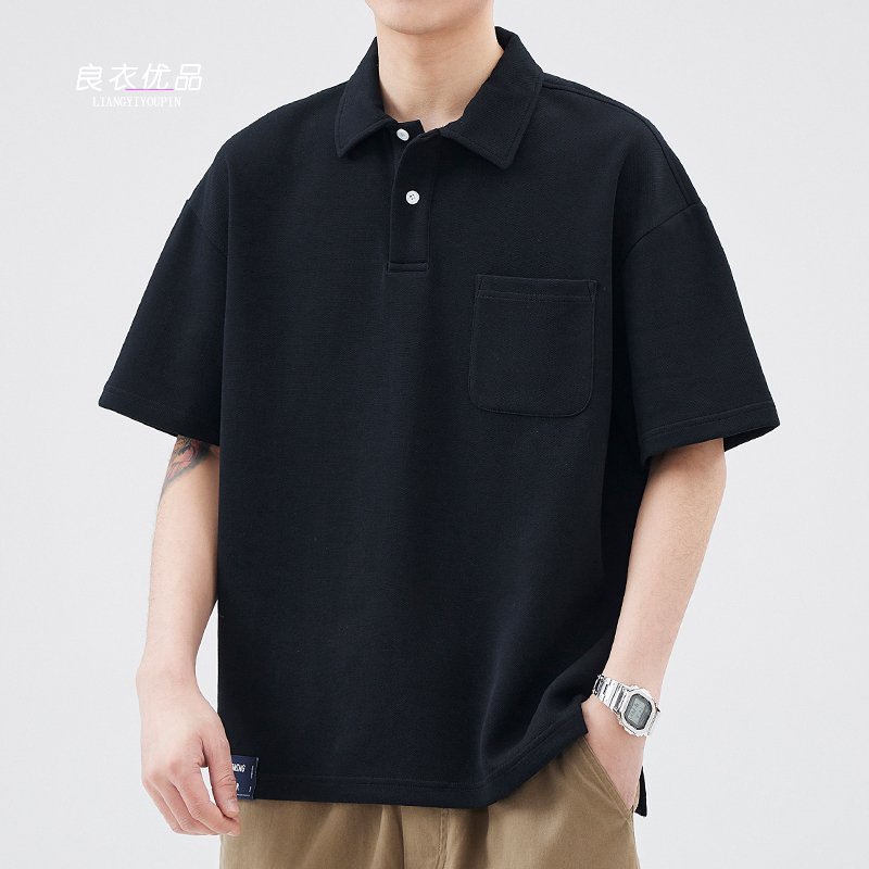 Heavyweight 320g Air Layer Power Cotton Polo Shirt Short-Sleeve T-Shirt for Men, Summer American-Style Loose Half-Sleeve Pocket T-Shirt