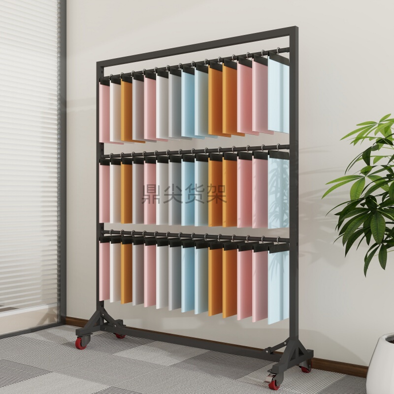 Textile Fabric Sample Display Rack with Hanging Cards, Color Card Hanging Rod, Movable Rack with Wheels