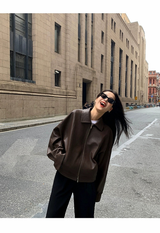 Retro Brown Leather Jacket, Spring & Fall Jacket for Women, Korean Style, Versatile, Loose, Hong Kong Style, British Style, Slimming Black Jacket Retro Brown Leather Jacket, Spring & Fall Jacket for Women, Korean Style, Versatile, Loose, Hong Kong Style, British Style, Slimming Black Jacket