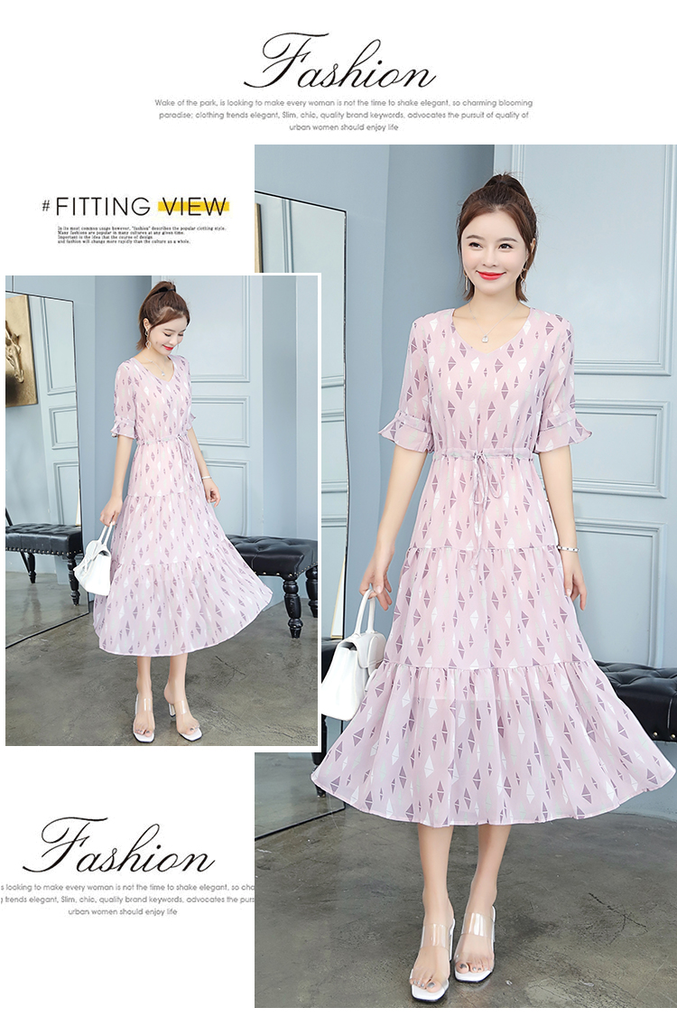 Đầm voan cổ chữ V dài vừa phải 2019 xuân hè thu đông nổi tiếng của phụ nữ - Váy eo cao váy chiết eo cao	