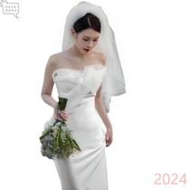 2024 New Satin Light Wedding Dress Temperament Bridal Tube Top Welcoming Veil Simple Super Fairy Slim Fit Mermaid Dress