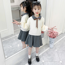 Hong Kong Girls Spring and Autumn Dress 2021 New Foreign Style Children's Long Sleeve Knitted Thickened Sweater Skirt Two-Piece Set