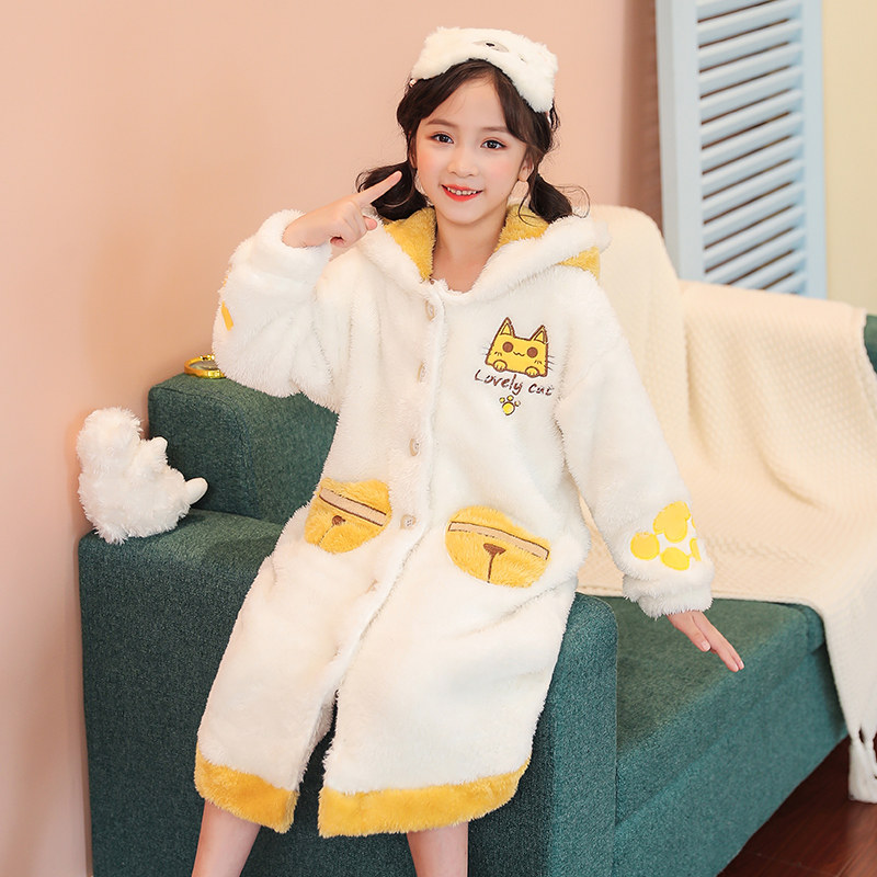 Hong Kong girls fall/winter robe 2021 new foreign style warm children's long version cute padded coral fleece pajamas tide