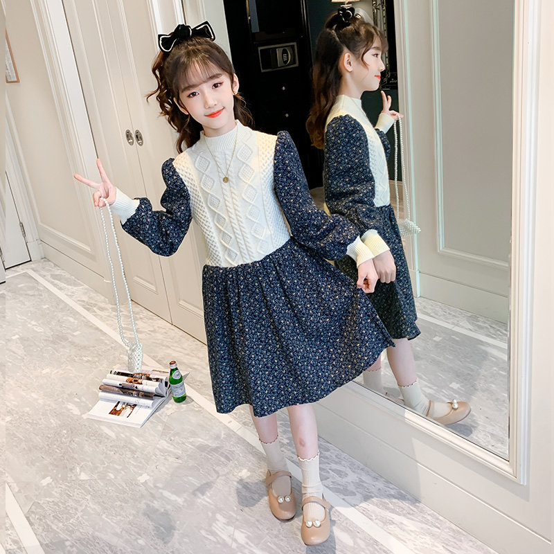 Hong Kong girls chiffon dress 2021 new foreign school children padded knit stitching fake two-piece princess skirt