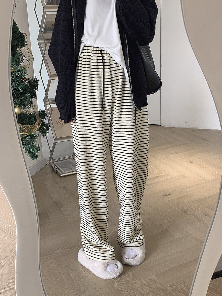 春季2023新款宽松显瘦直筒阔腿裤杏色高腰条纹垂感休闲裤女裤子潮详情6