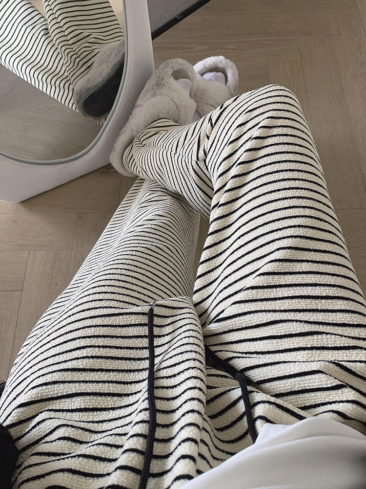 春季2023新款宽松显瘦直筒阔腿裤杏色高腰条纹垂感休闲裤女裤子潮详情15