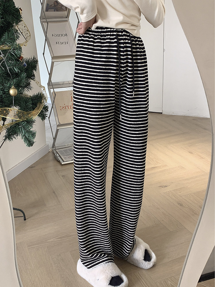 春季2023新款宽松显瘦直筒阔腿裤杏色高腰条纹垂感休闲裤女裤子潮详情18