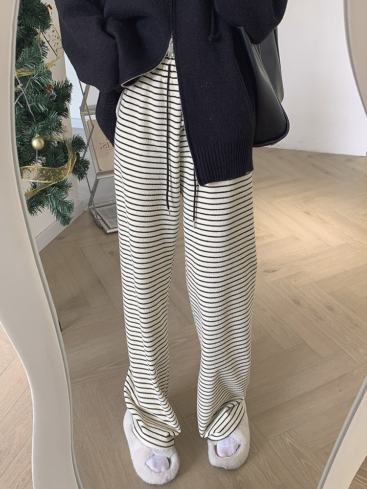 春季2023新款宽松显瘦直筒阔腿裤杏色高腰条纹垂感休闲裤女裤子潮详情12