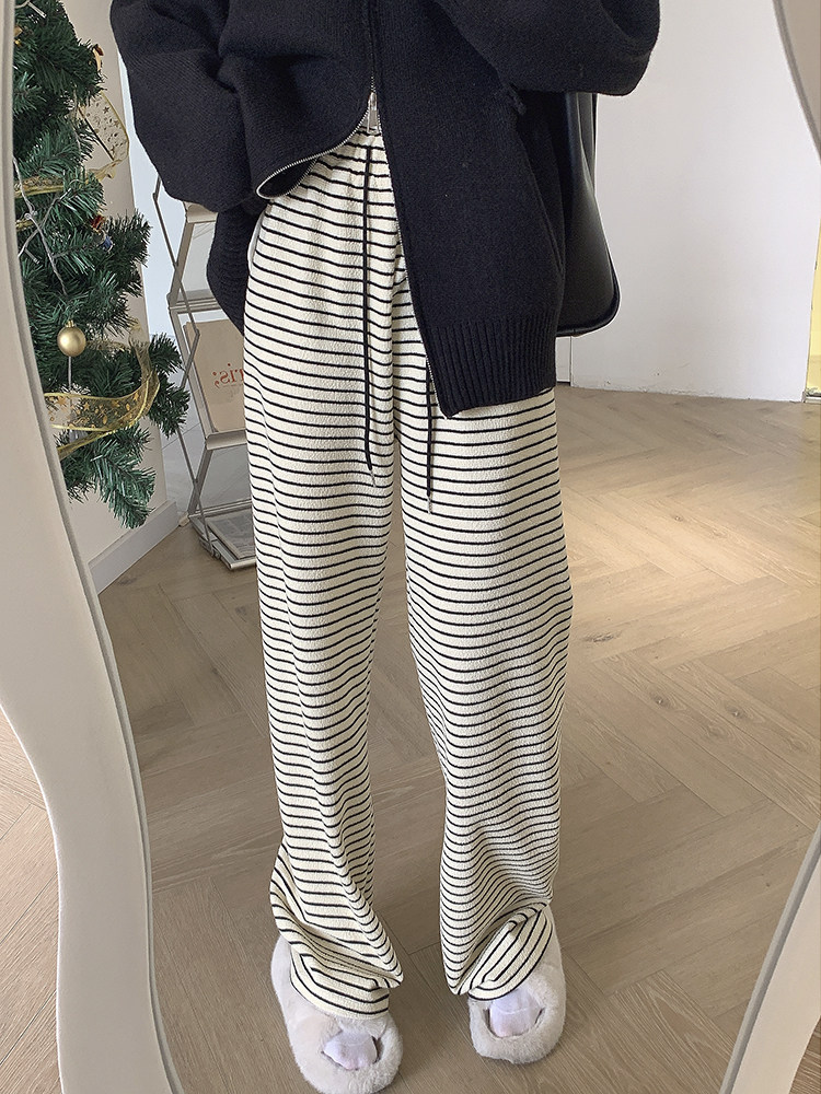 春季2023新款宽松显瘦直筒阔腿裤杏色高腰条纹垂感休闲裤女裤子潮详情13