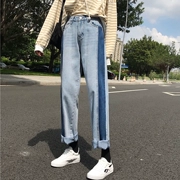 Khâu màu tương phản quần tây quần dài mùa thu nữ 2018 mới cao hoang dã eo thon mỏng lửng ống quần jeans