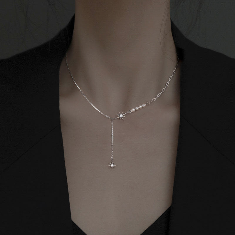 8 Mango Star Pearl Necklace Small Grain Fashion style Pendant Female Summer Pure Silver Lock Bone Chain Light Extravagant 2021 New