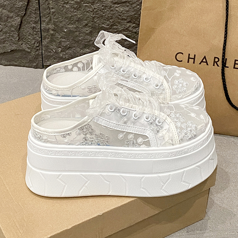 8cm Thick-Soled Mesh Closed-Toe Half-Slippers for Women, Suitable for Outdoor Wear, 2025 Summer Thin Breathable Height-Increasing Lazy Platform Shoes