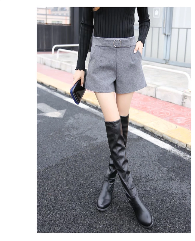 Thu đông 2018 mới quần short len ​​nữ phiên bản cao của Hàn Quốc là quần lửng ống rộng giản dị hoang dã mặc quần ống rộng ống quần quần sooc bò nữ