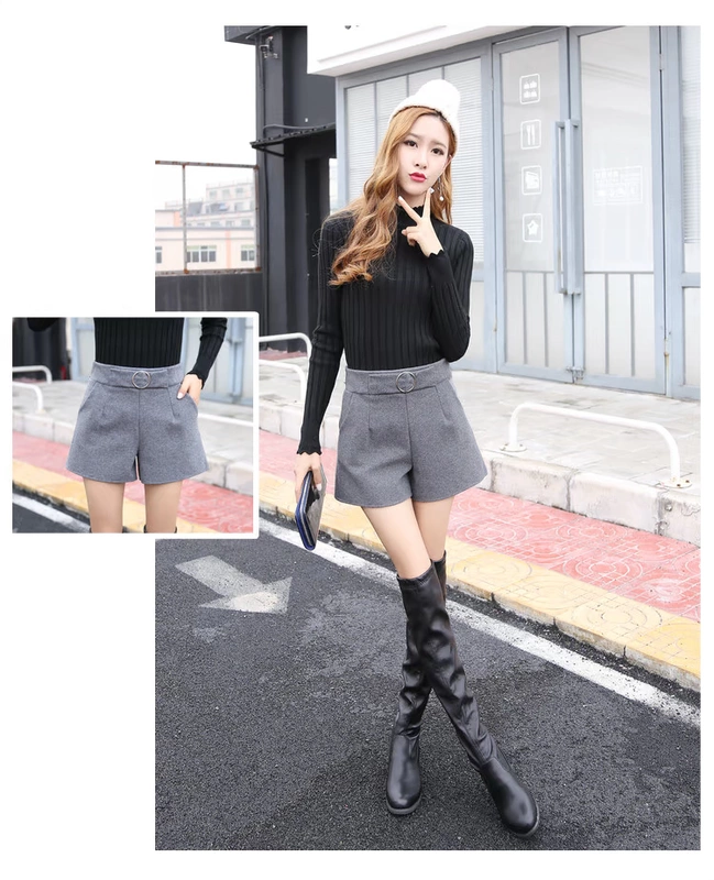 Thu đông 2018 mới quần short len ​​nữ phiên bản cao của Hàn Quốc là quần lửng ống rộng giản dị hoang dã mặc quần ống rộng ống quần quần sooc bò nữ