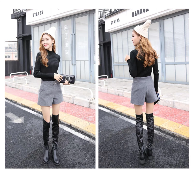 Thu đông 2018 mới quần short len ​​nữ phiên bản cao của Hàn Quốc là quần lửng ống rộng giản dị hoang dã mặc quần ống rộng ống quần quần sooc bò nữ