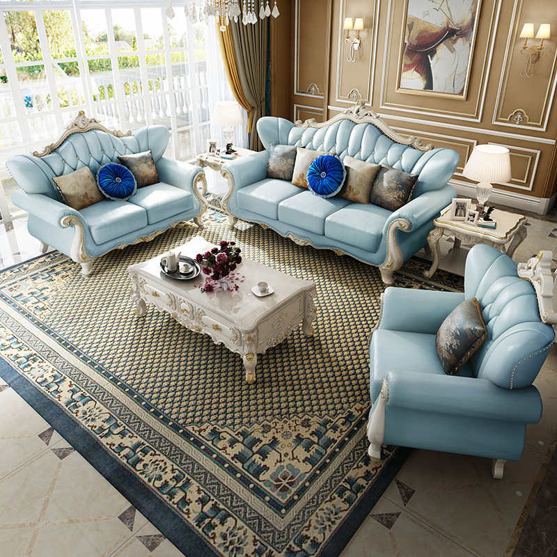 European leather sofa combination living room whole decoration simple European small apartment luxury solid wood double sofa furniture set combination