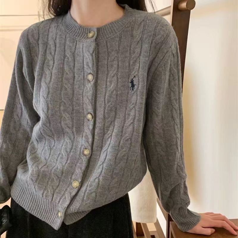 25 Autumn/Winter New Thick Knitted Cardigan with Pony Logo, Women's Loose Fit Plus Size Base Layer Cable Knit Sweater Trendy Item