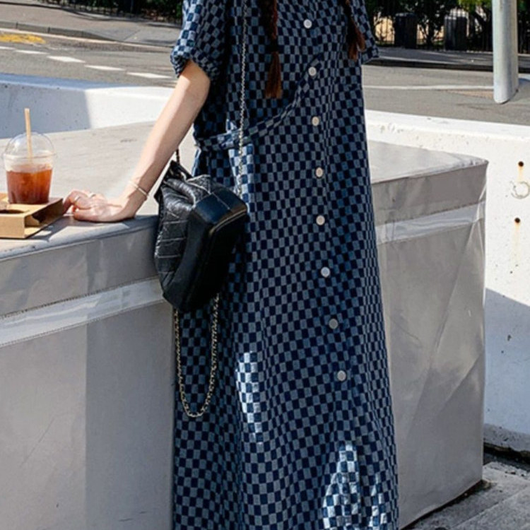 Plus Size Slimming 150kg Retro Plaid Shirt Dress for Women 150kg Summer Loose Casual Long Dress