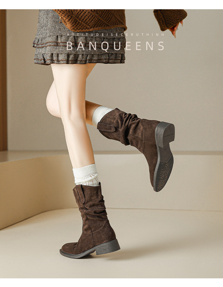 Западные Boots 真皮版！半曲西部牛仔靴2025年秋季美拉德短靴子中筒靴堆堆靴女靴