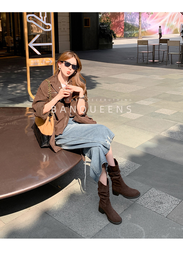 Западные Boots 真皮版！半曲西部牛仔靴2025年秋季美拉德短靴子中筒靴堆堆靴女靴